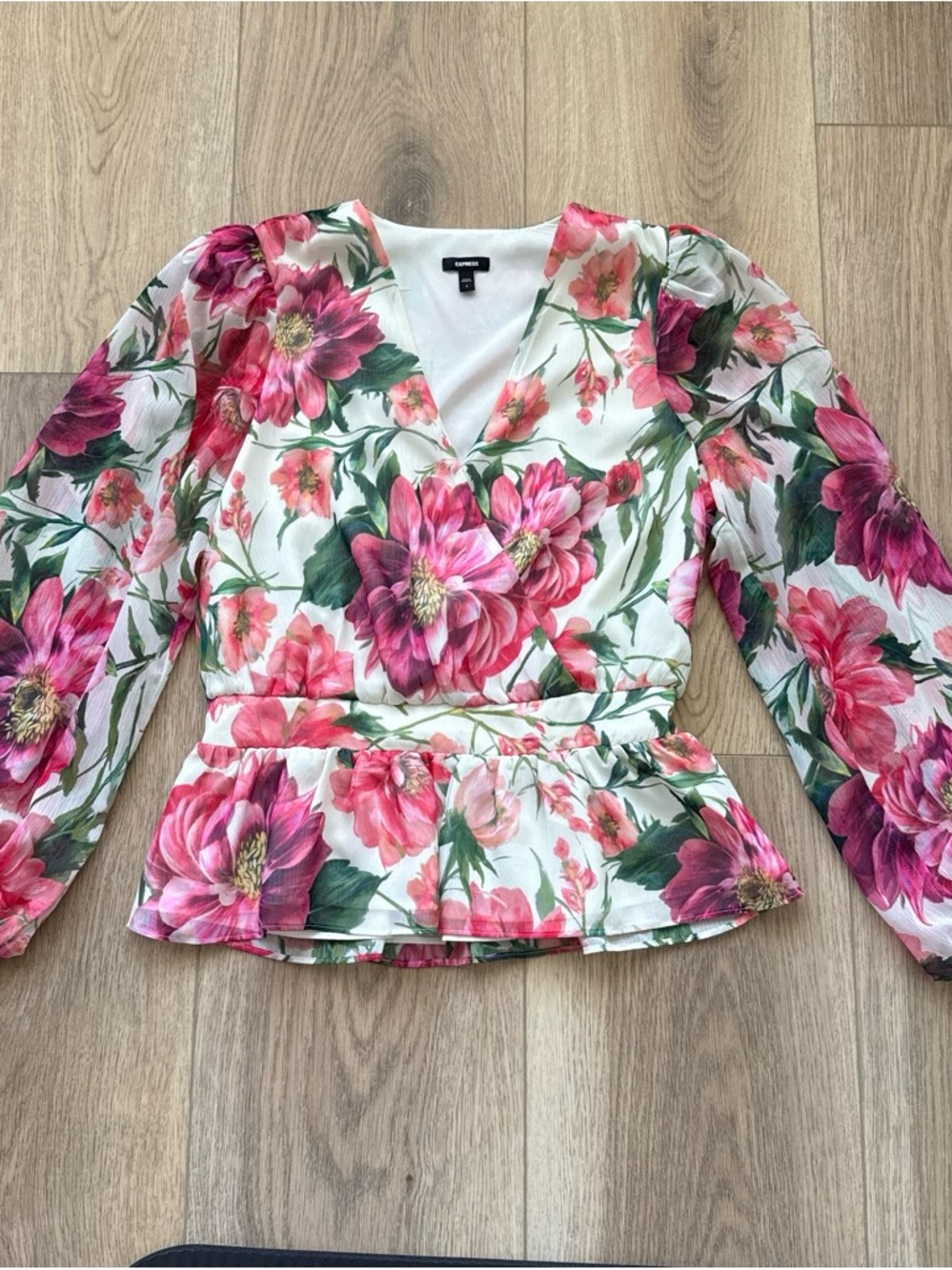 Express Floral V-Neck Peplum Top - White with Pink and Green